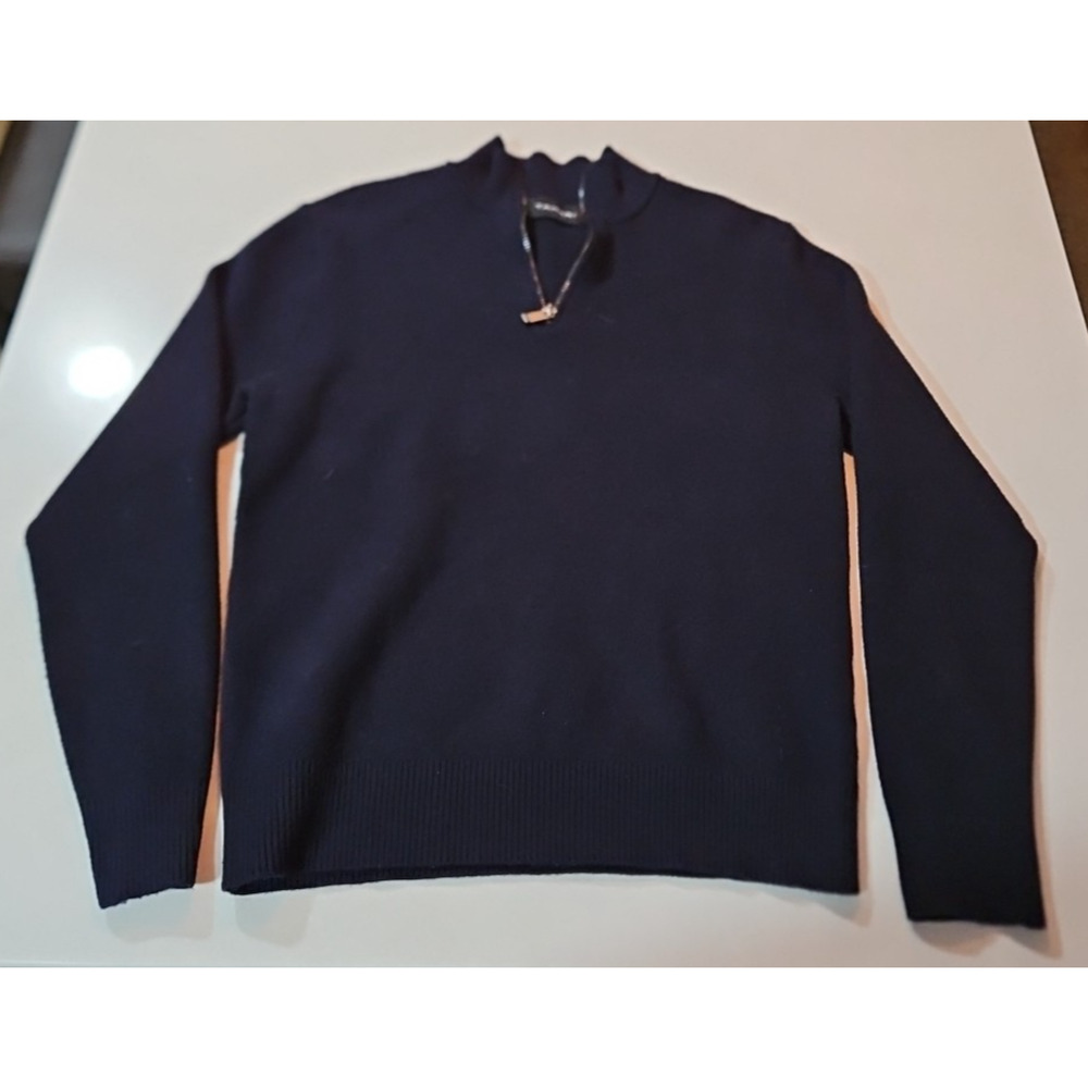 TAHARI 1/4 ZIP MOCK NECK KNIT SWEATER ( WOMENS S ) Solid Blue